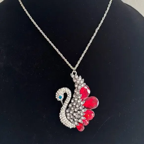 Silver Swan Pendant Necklace with Red Crystal Accents - Picture 2 of 8